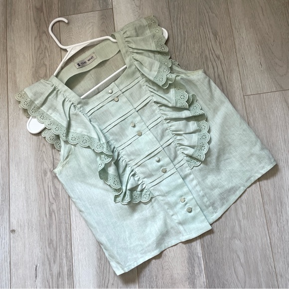 Romantic Cottagecore Top ruffle lace button front womens Green (medium) retro - Picture 1 of 5